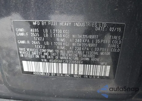 2015 Subaru Outback 2.5I Premium from USA, damaged, VIN 4S4BSAFC7F3305864